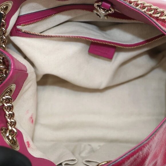 GUCCI Vernice Naplack Medium Soho Chain Shoulder Bag Bright Bouganville - Picture 14 of 14